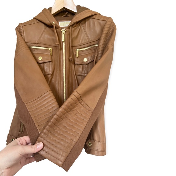 Michael Kors Women’s Brown Leather Hooded Moto Full Zip Jacket, XL - Picture 4 of 10